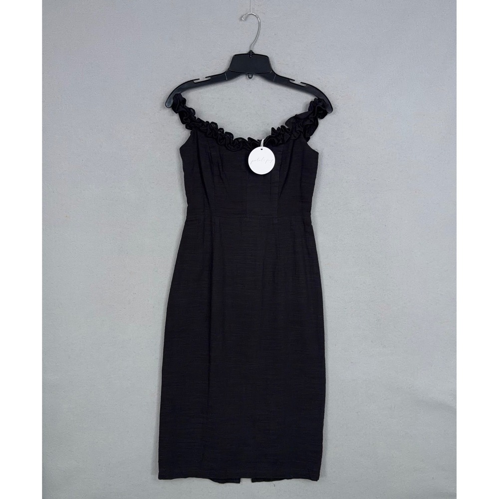 Petal & Pup Dress Womens 6 Black Ruffle Off Florez Shoulder Midi Sheath Cocktail